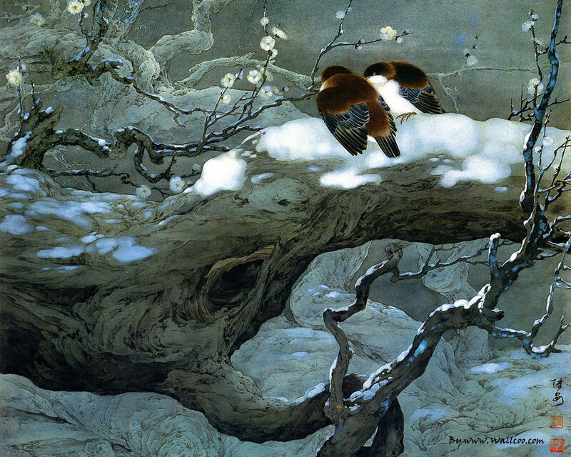 Two Birds on Snowy Branch
