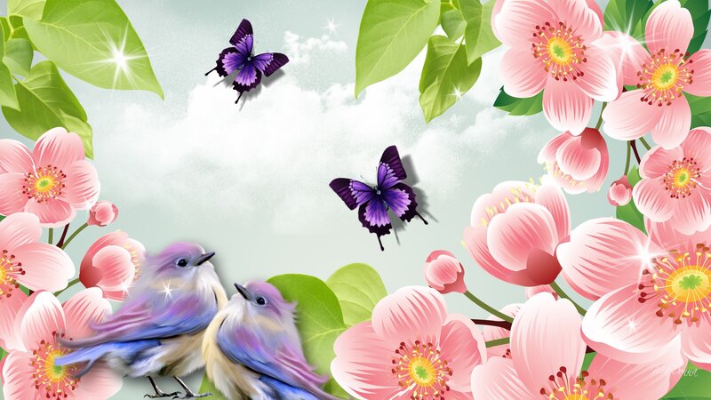 Two Birds with Butterflies — Pink