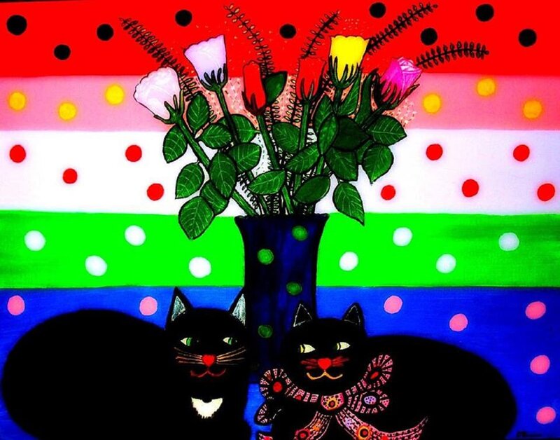 Two Black Cats with Flowers