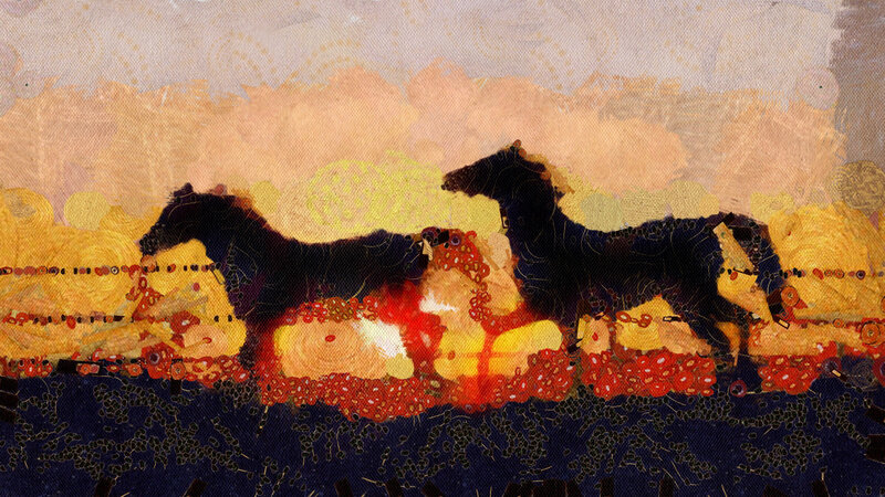 Two Black Horses Running — Yellow
