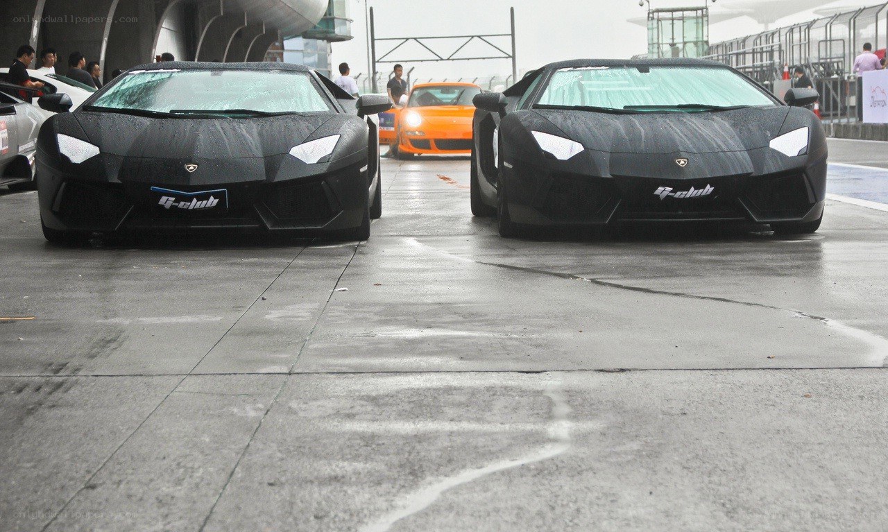 Two black Lamborghinis on a wet track