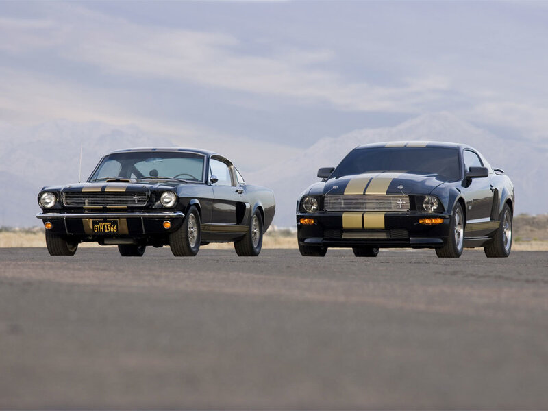 Two Black Mustang Cars — Dramatic, Afternoon, Photograph, Mountains, Road, Gold, Gray, Gth 1966