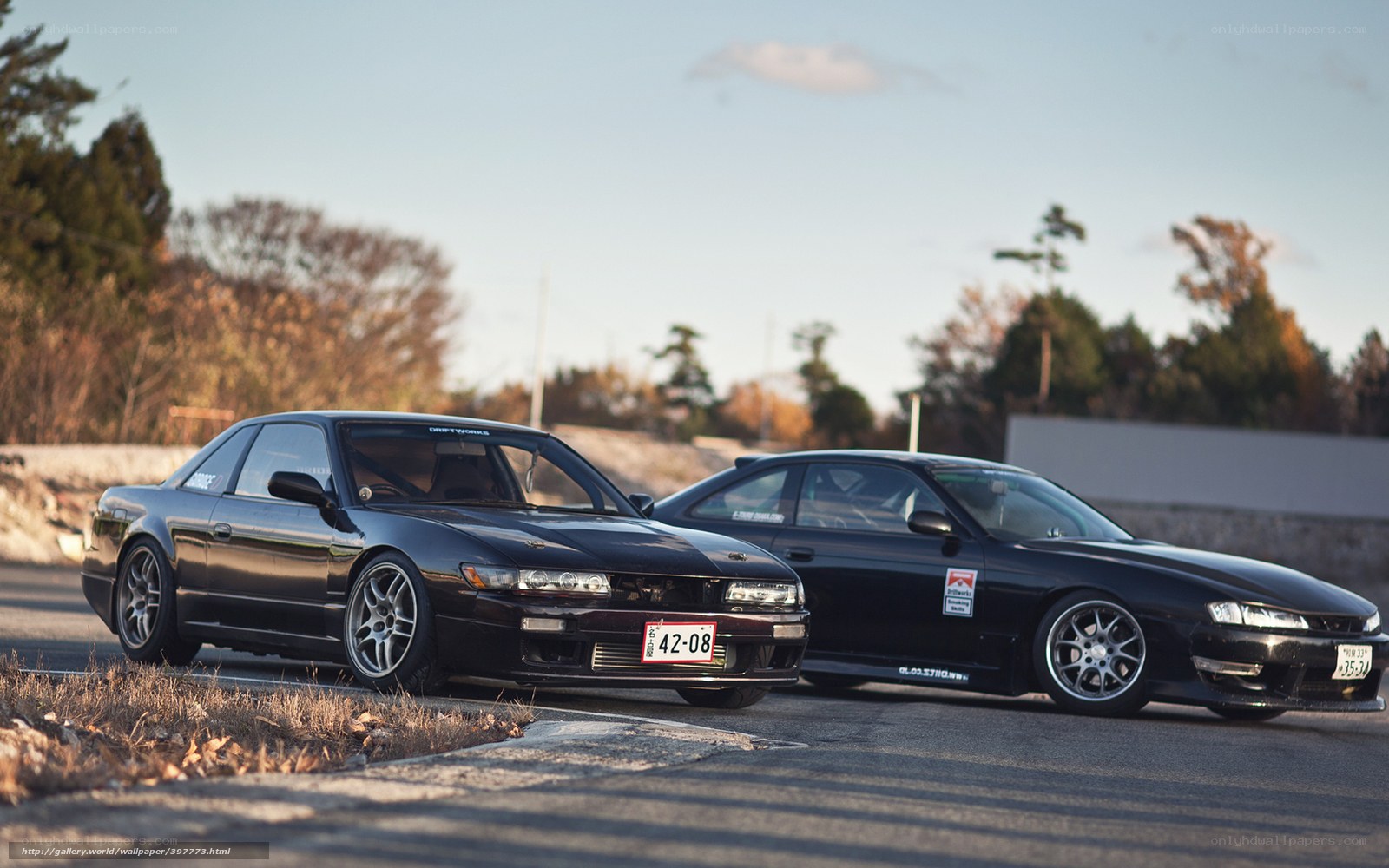 Two black sports cars on a road