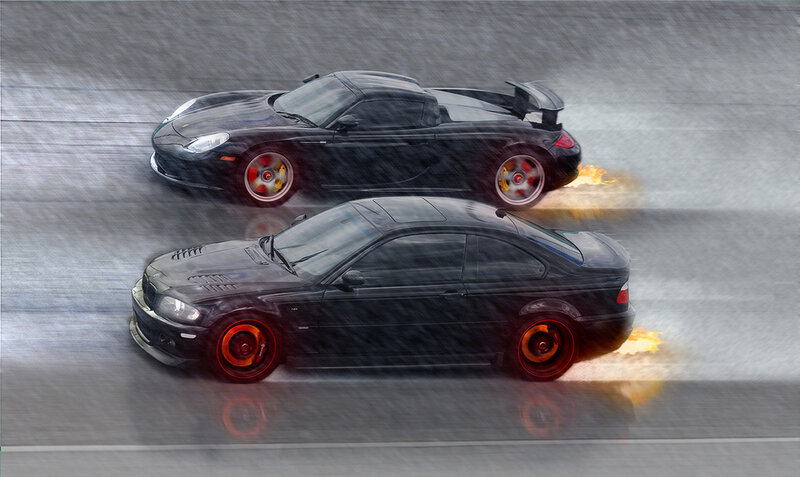 Two black sports cars racing