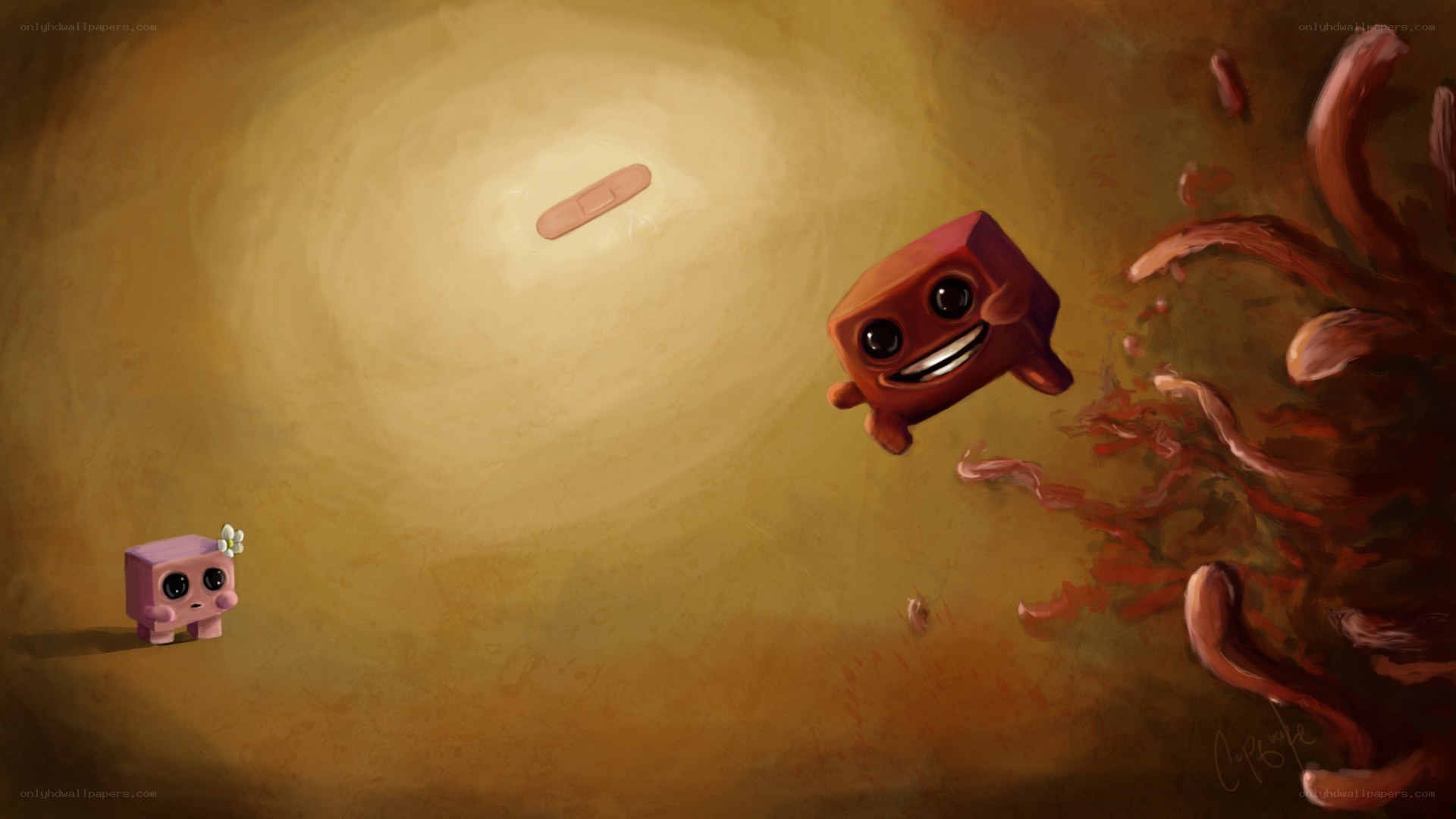 Two blocky characters in a surreal scene