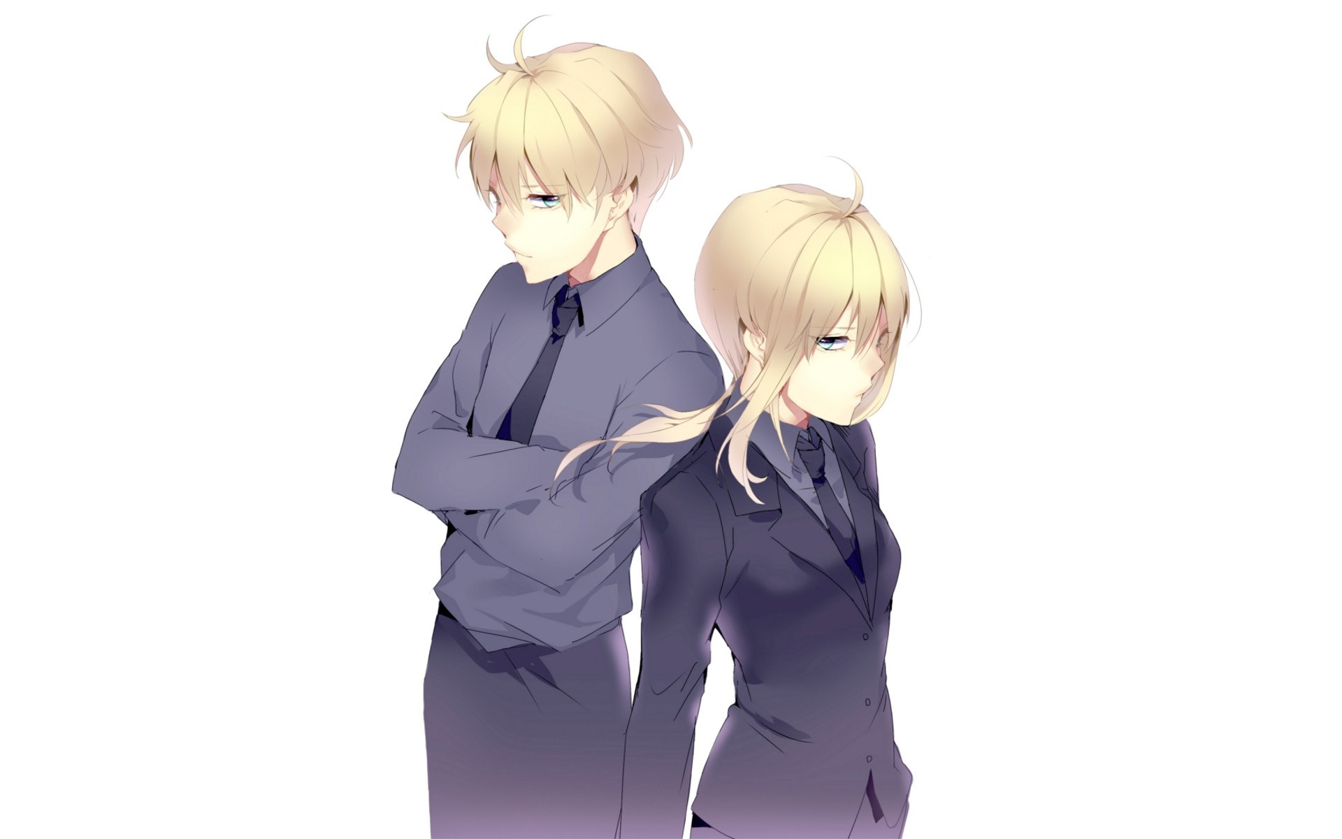 two blonde anime characters in suits