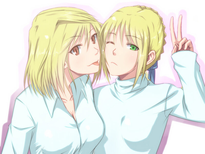 Two Blonde Anime Characters — White, Playful
