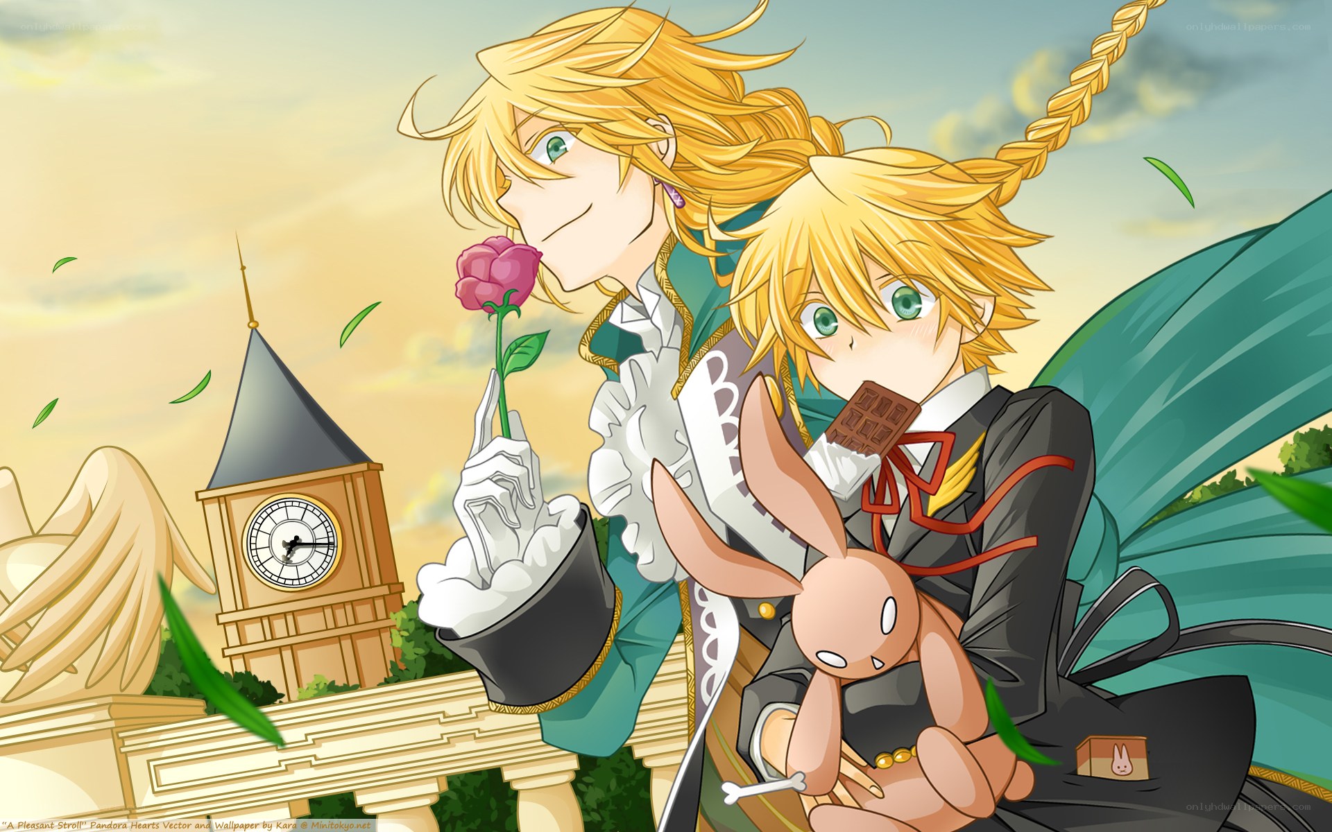 Two blonde anime characters with a rose