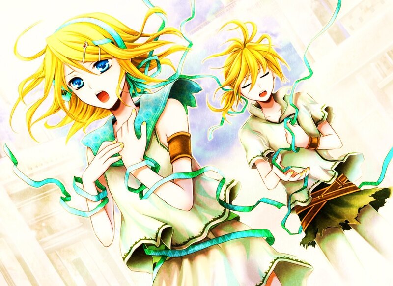 Two Blonde Anime Characters — Yellow, Dynamic, Ribbons, Dresses