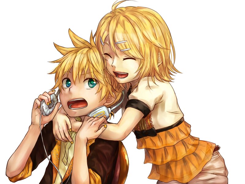 Two Blonde Anime Characters — Yellow, Playful, Headphones, Hugging