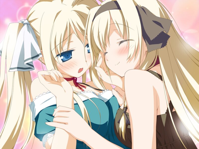 Two blonde anime girls hugging