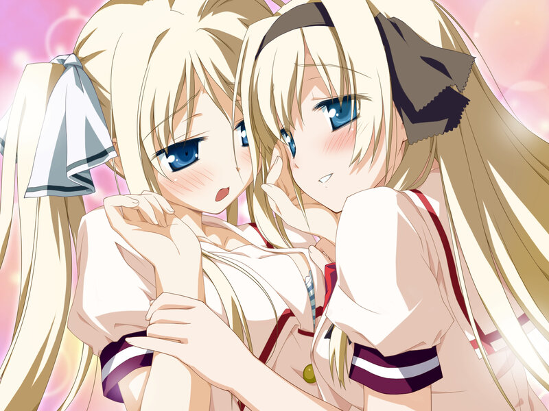 two blonde anime girls hugging