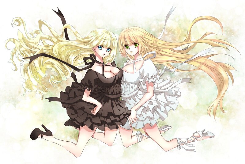 Two blonde anime girls in dresses