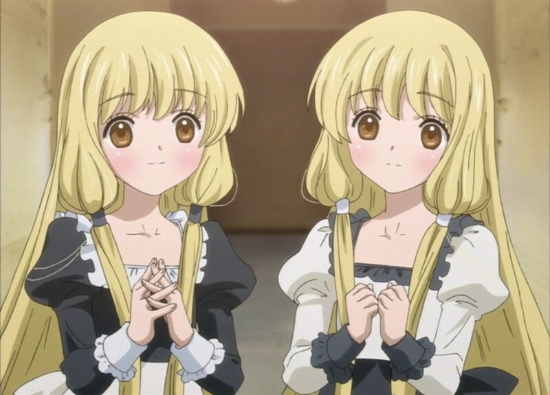 two blonde anime girls in maid outfits