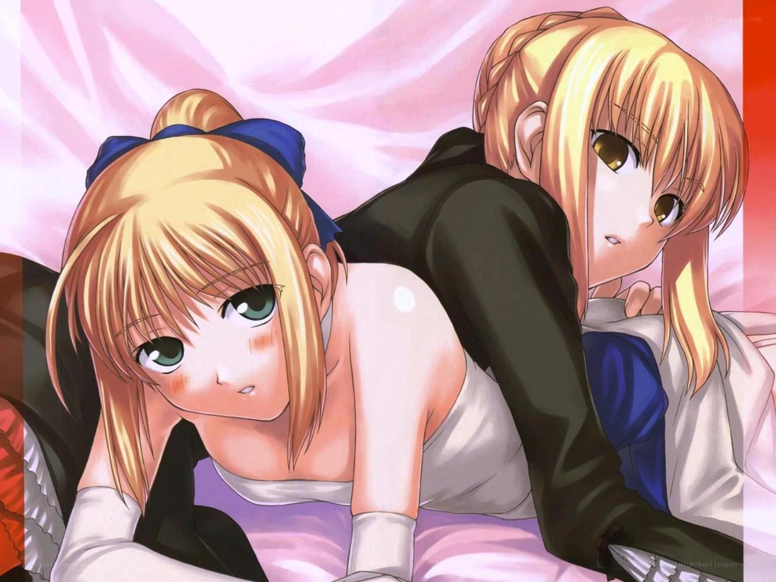 two blonde anime girls on bed