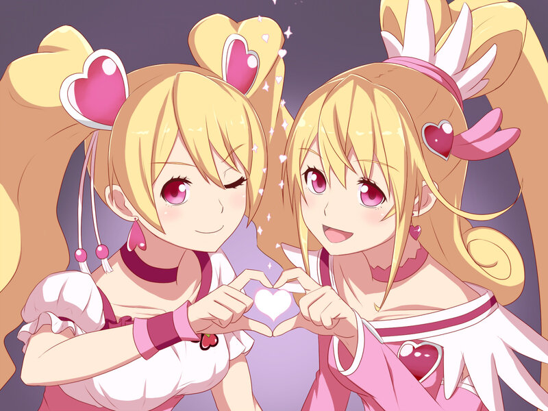 Two Blonde Anime Girls — Pink, Cheerful, Heart Shapes