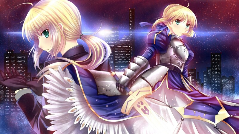 Two Blonde Anime Girls — Purple, Dramatic, Night, City Skyline