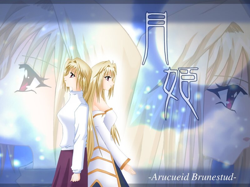 Two blonde anime girls standing back to back