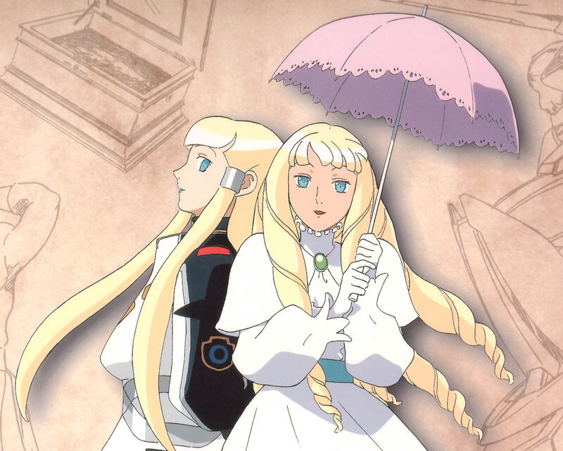 Two blonde anime girls with an umbrella