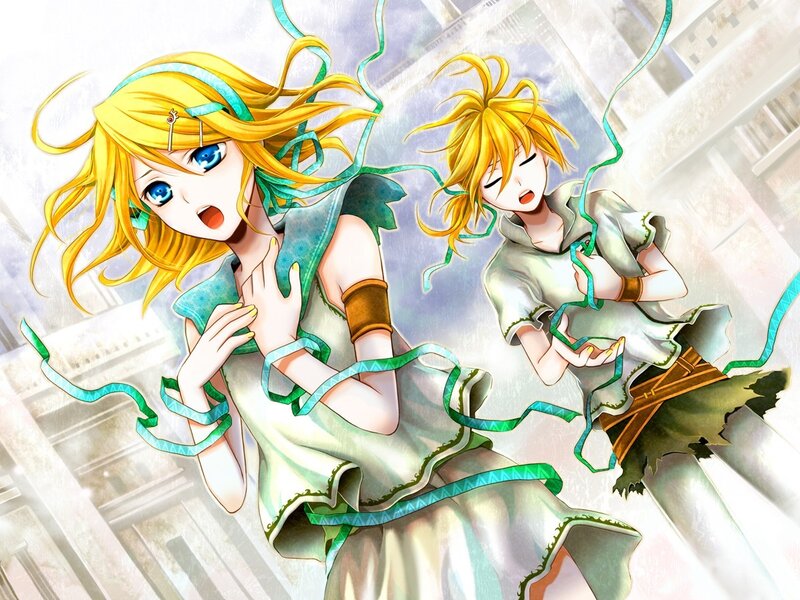 Two blonde anime girls with ribbons