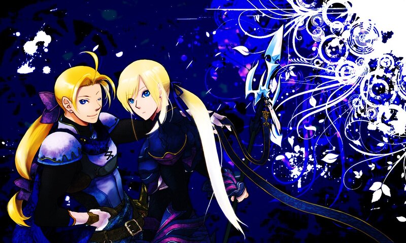 Two blonde characters with a trident