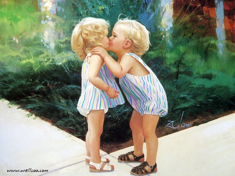Two Blonde Children Kissing