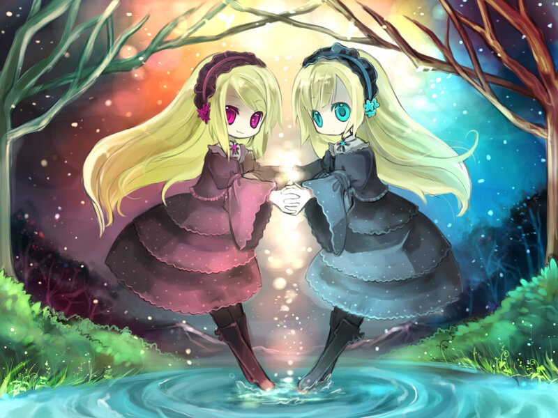 Two Blonde Girls Holding Hands — Blue