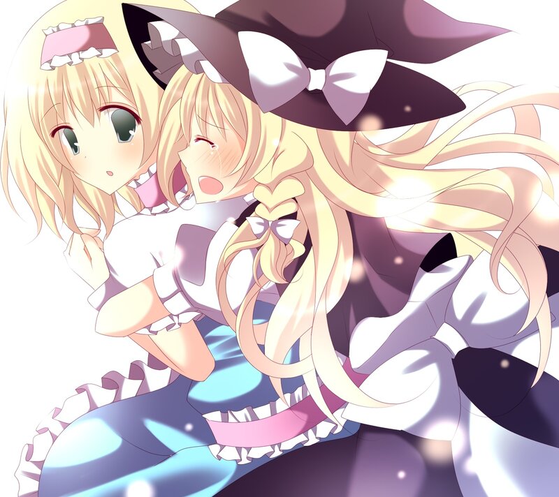 Two Blonde Girls Hugging — White, Playful