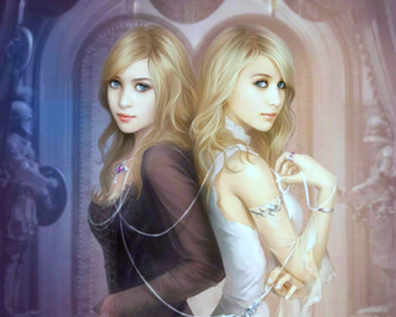 Two Blonde Women Back-to-back — White, Dramatic