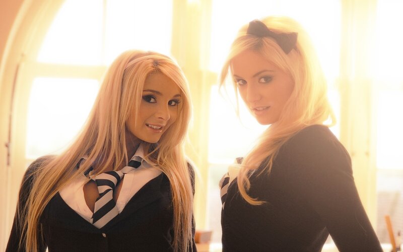 Two Blonde Women in School Uniforms — Black, Bright