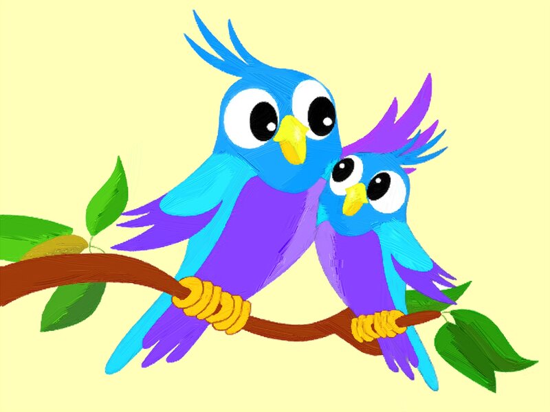 Two Blue Birds on Branch — Calm, Digital Art