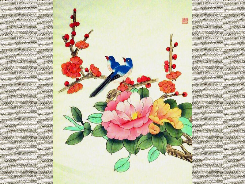 Two Blue Birds on Flowers