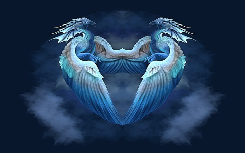 Two Blue Dragons Forming Heart — Dramatic, Night