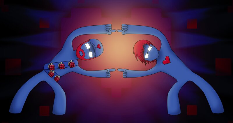 Two Blue Figures Holding Hands