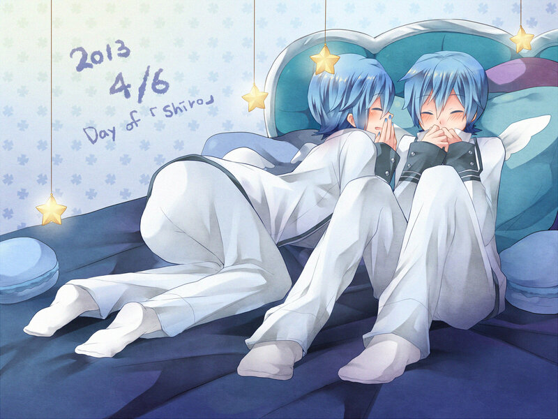 Two Blue-haired Boys on Bed