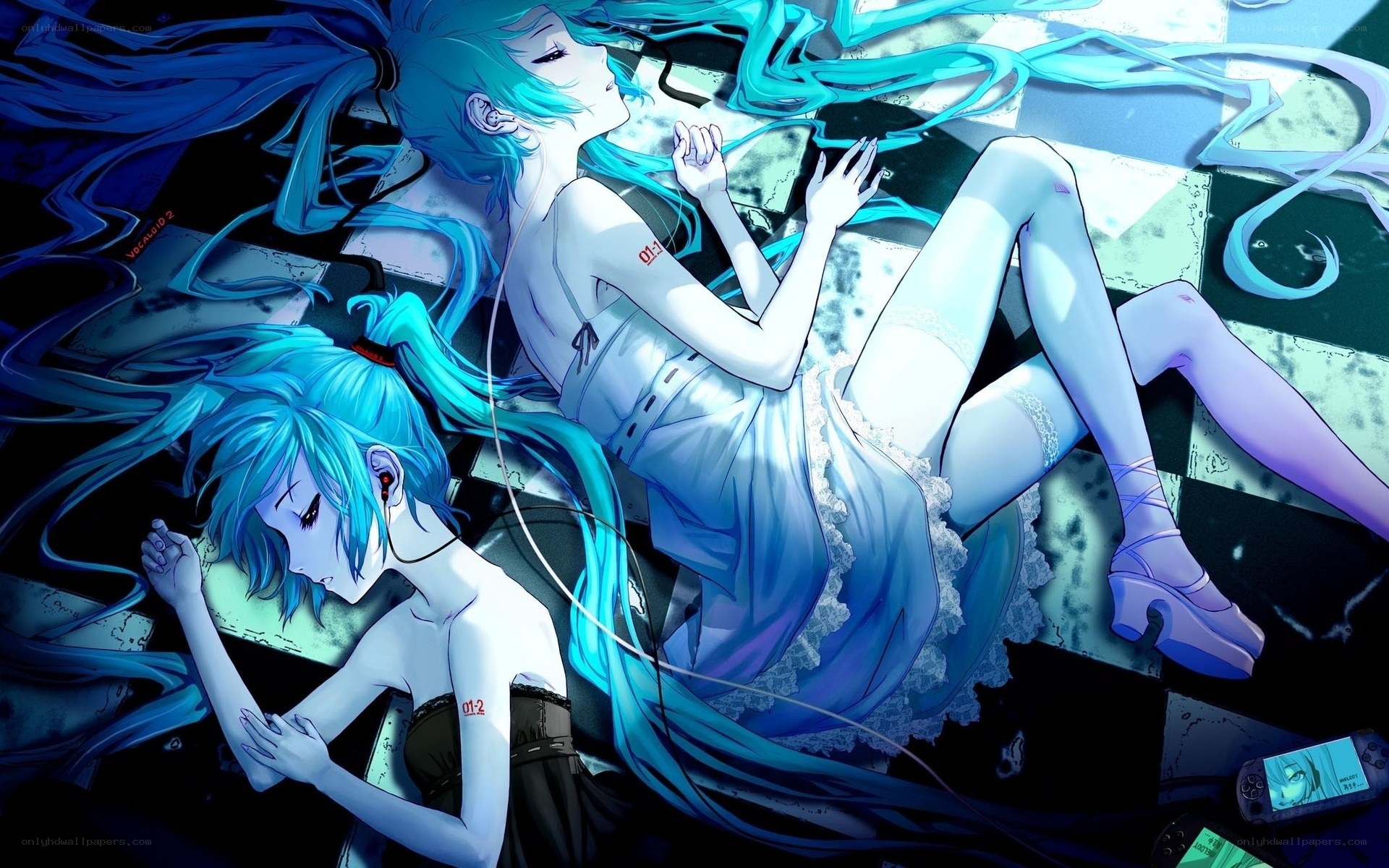 Two blue-haired girls lying down