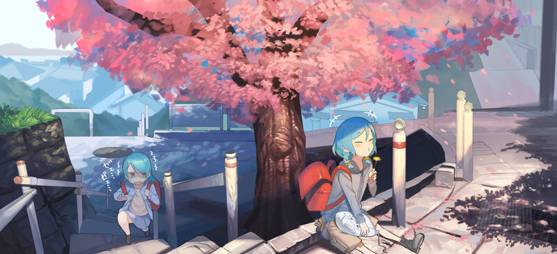 Two Blue-haired Girls under Cherry Tree