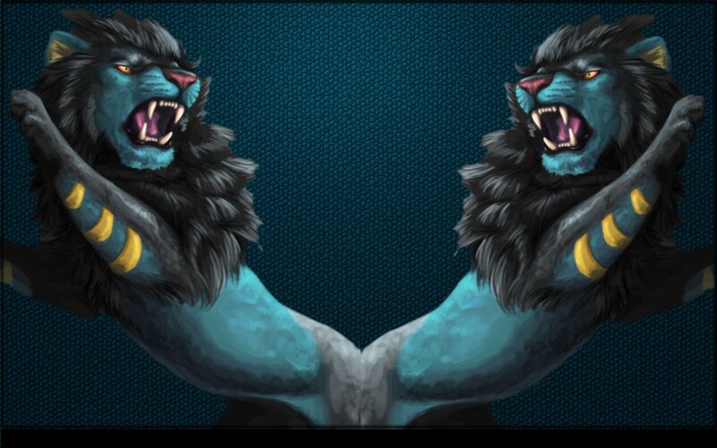 two blue lion heads roaring