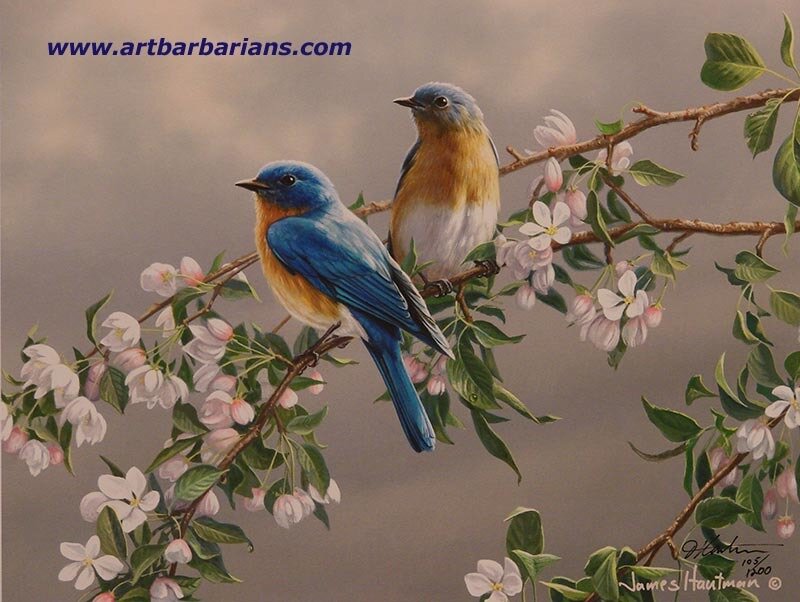 Two Bluebirds on Branch — Blue, Serene, Spring, Painting, Flowers, Leaves