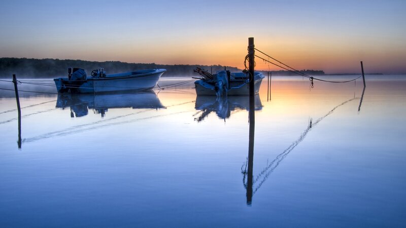 Two Boats at Dawn — Blue, Serene