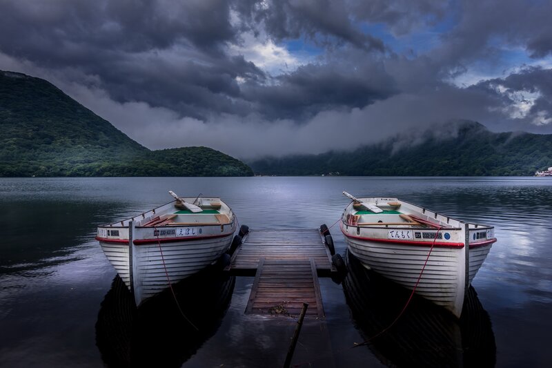 Two Boats at Dock — Blue