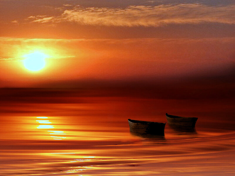 Two Boats at Sunset — Orange, Serene