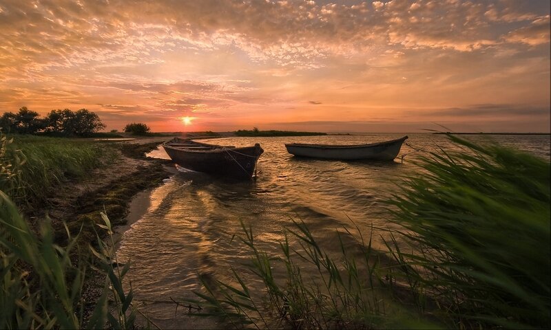 Two Boats at Sunset — Orange