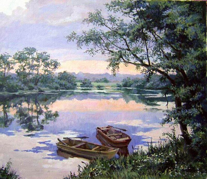 Two Boats on a River — Green, Serene