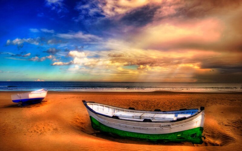Two Boats on Beach — Blue, Dramatic, Sunset