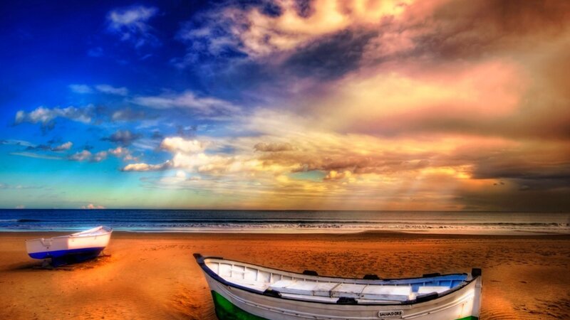 Two Boats on Beach — Blue, Dramatic