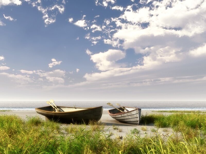 Two Boats on Beach — Blue, Serene