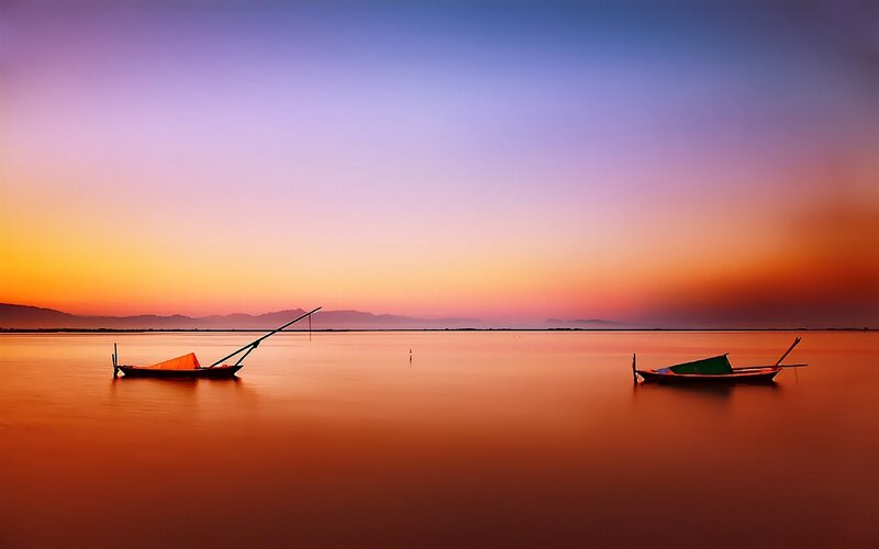 Two Boats on Calm Water — Orange, Serene