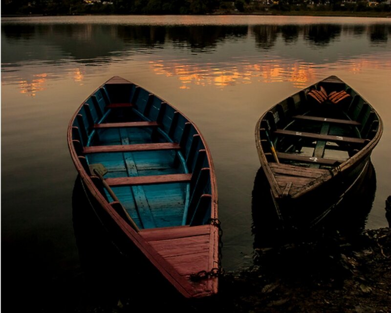 Two Boats on Lake — Blue, Serene