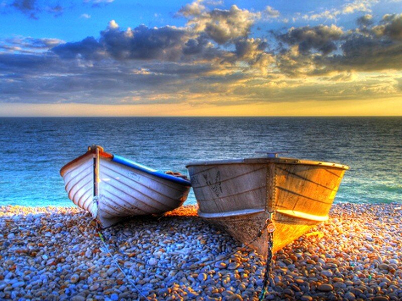 Two Boats on Pebble Beach — Blue